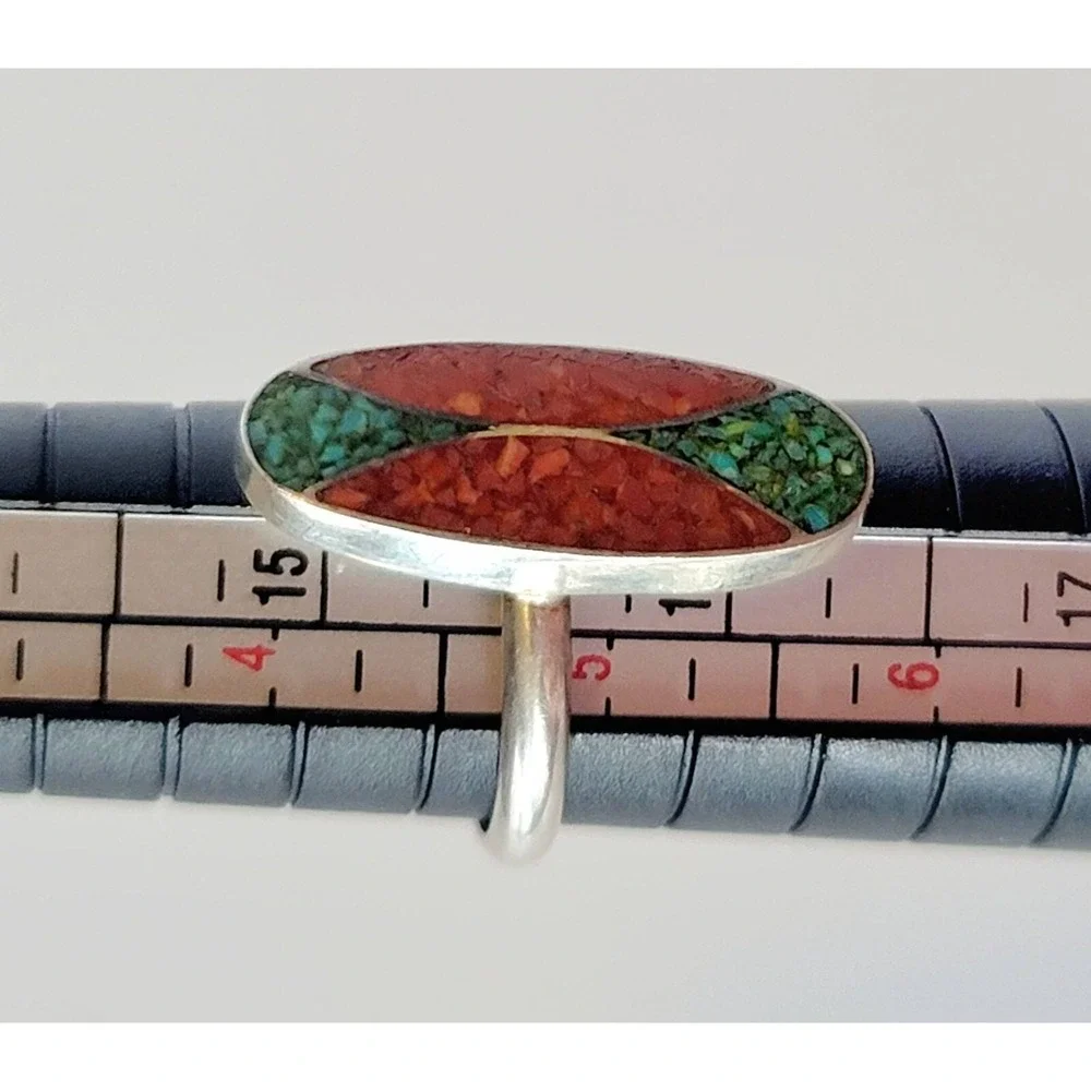 Vintage Turquoise‎ Coral Sterling Silver Inlay Ring Statement Jewelry 4.5